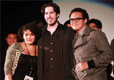"Break Away" writer Guadalupe Garcia and director Franchesco Ramos with Jason Reitman.